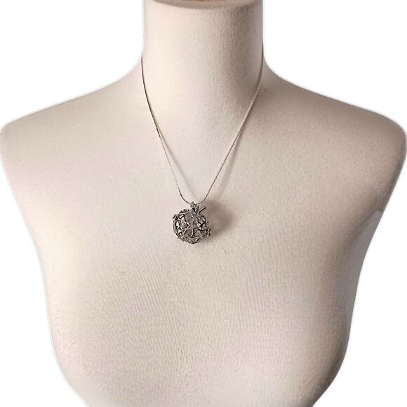 Vintage Apple Pendant Necklace Open Work Filigree Cage Clasp Opens Silver Tone. - Picture 8 of 16